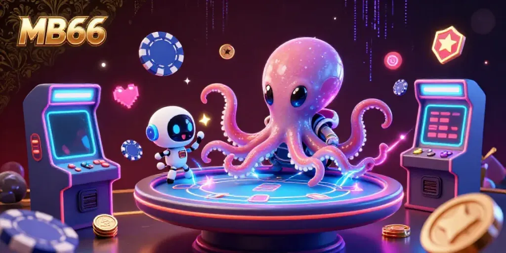 Experience the thrilling MB66 poker action with a cosmic octopus dealer and vibrant gaming elements.