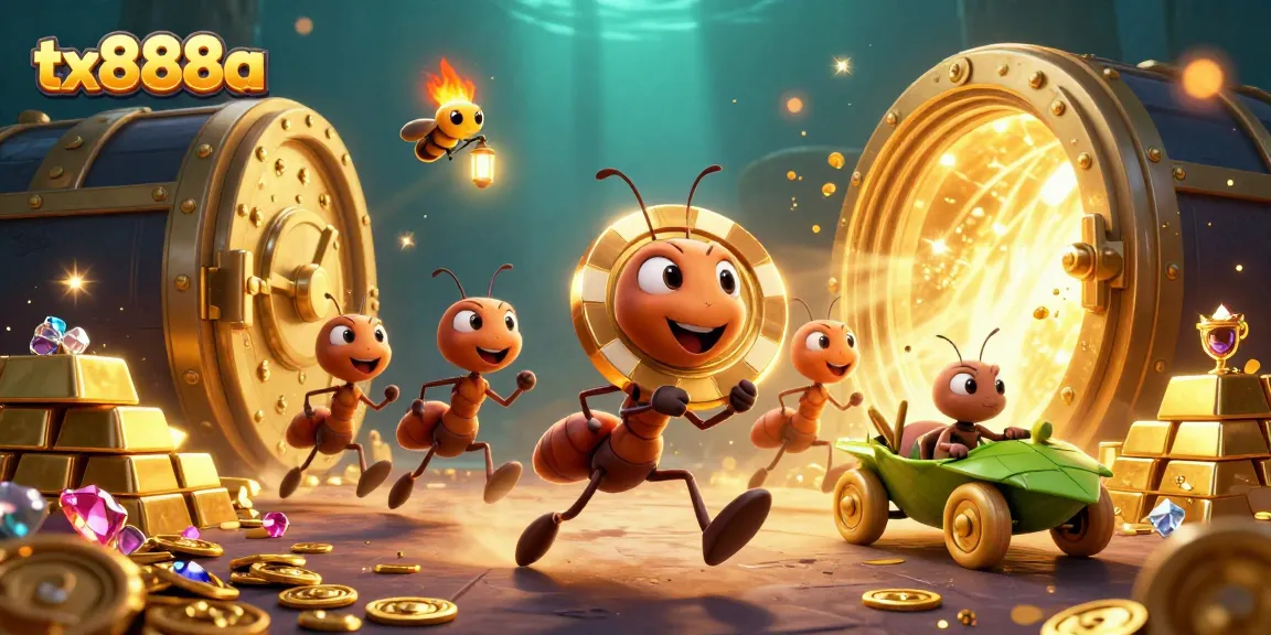 Cute ants maneuvering through a tunnel with a massive poker chip at tx888a, surrounded by dazzling treasures.