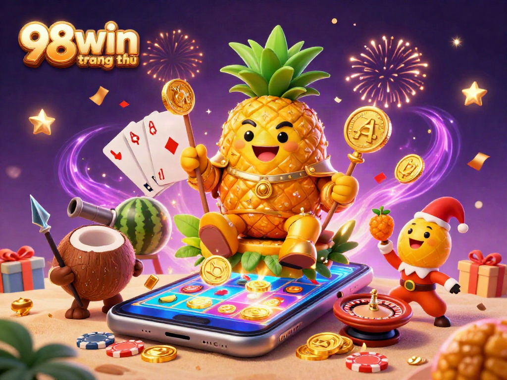 Experience the excitement of 98win trang chủ with a vibrant beach casino illustration featuring playful characters and colorful game elements.
