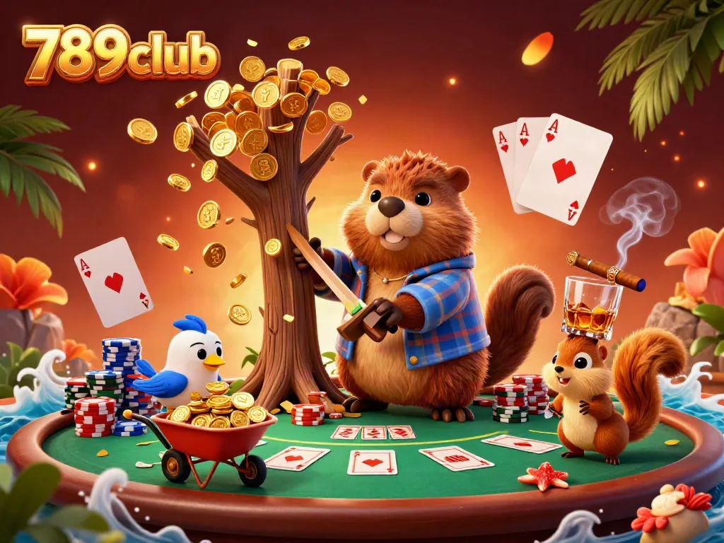Experience the excitement of 789club with our vibrant scene of winning at the casino, featuring cartoon characters and rich game elements.