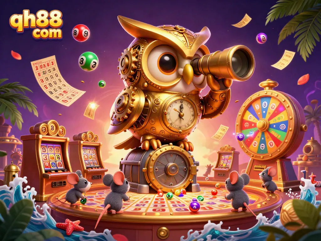 Engage with qh88 com's vibrant casino action featuring an owl, mice, and dynamic lottery elements.
