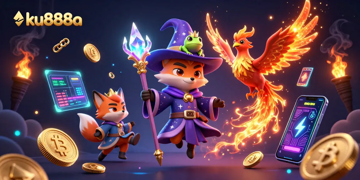 Immerse in ku888a's exciting gaming world with a magical 3D casino illustration blending fantasy and crypto elements.