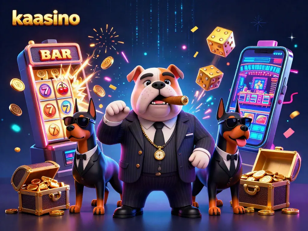 Kaasino features a mafia bulldog and Doberman guards amidst slot machines, bursting with vibrant casino elements.