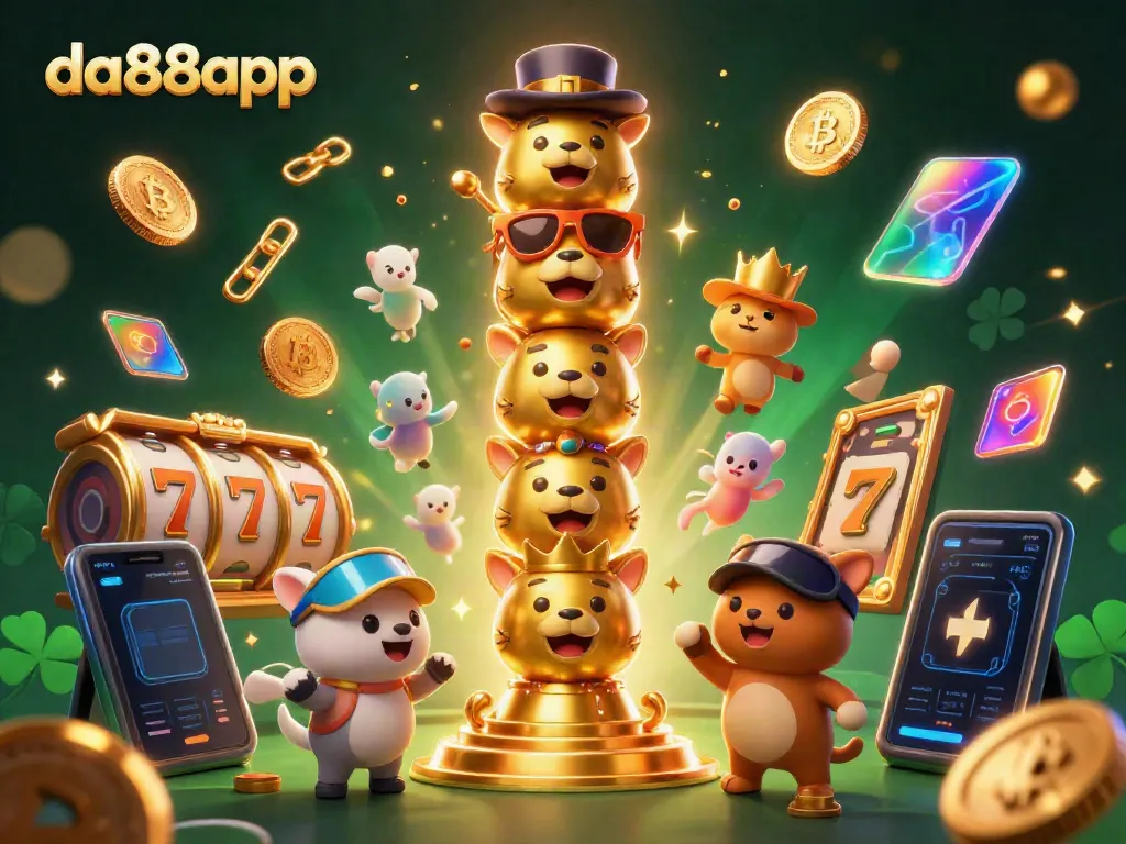 Engage in the vibrant world of da88app with a lively illustration featuring lucky slots and cryptocurrency elements.