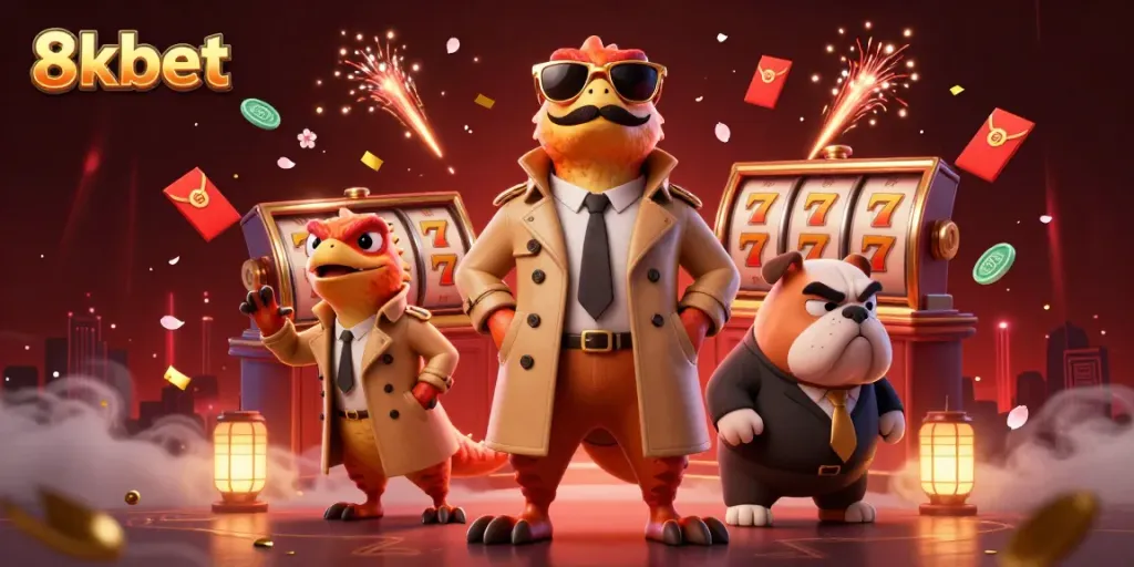 Experience the thrills of 8xbet as cartoon raptors sneak into a VIP casino against a dazzling backdrop.