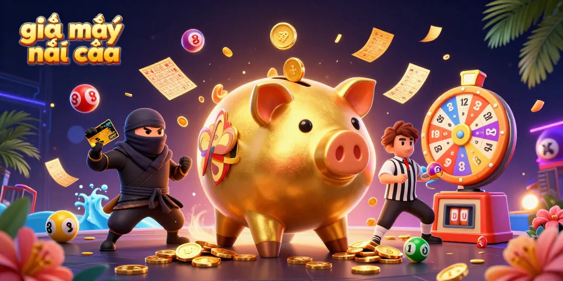 giải mã nhà cái showcases a dynamic scene with a golden piggy bank sumo wrestler among lottery elements.