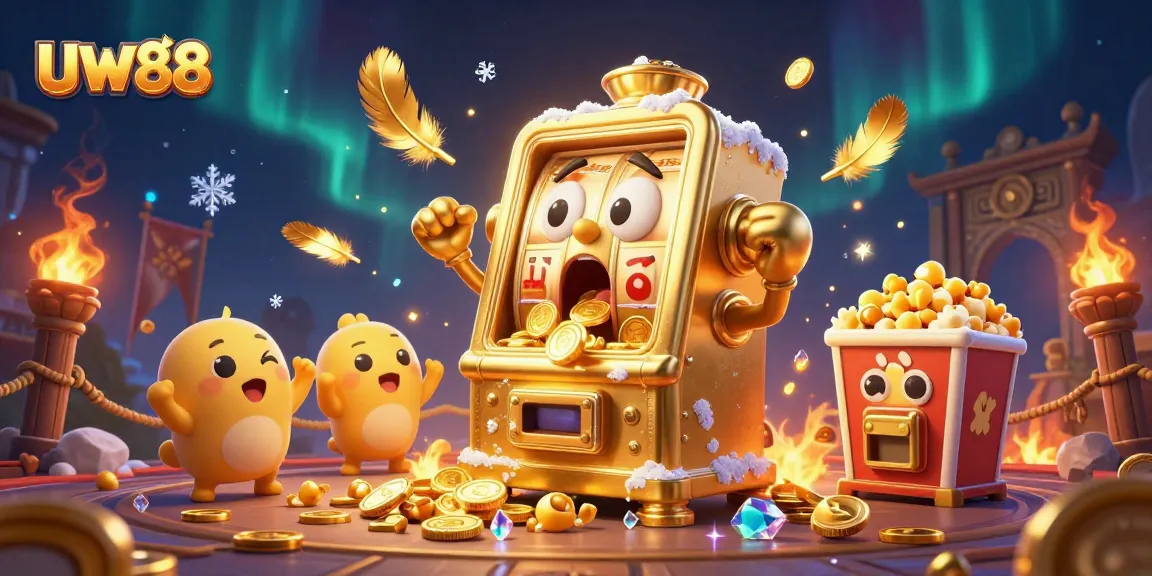 UW88's golden slot machine celebrates a jackpot amidst vibrant casino elements.