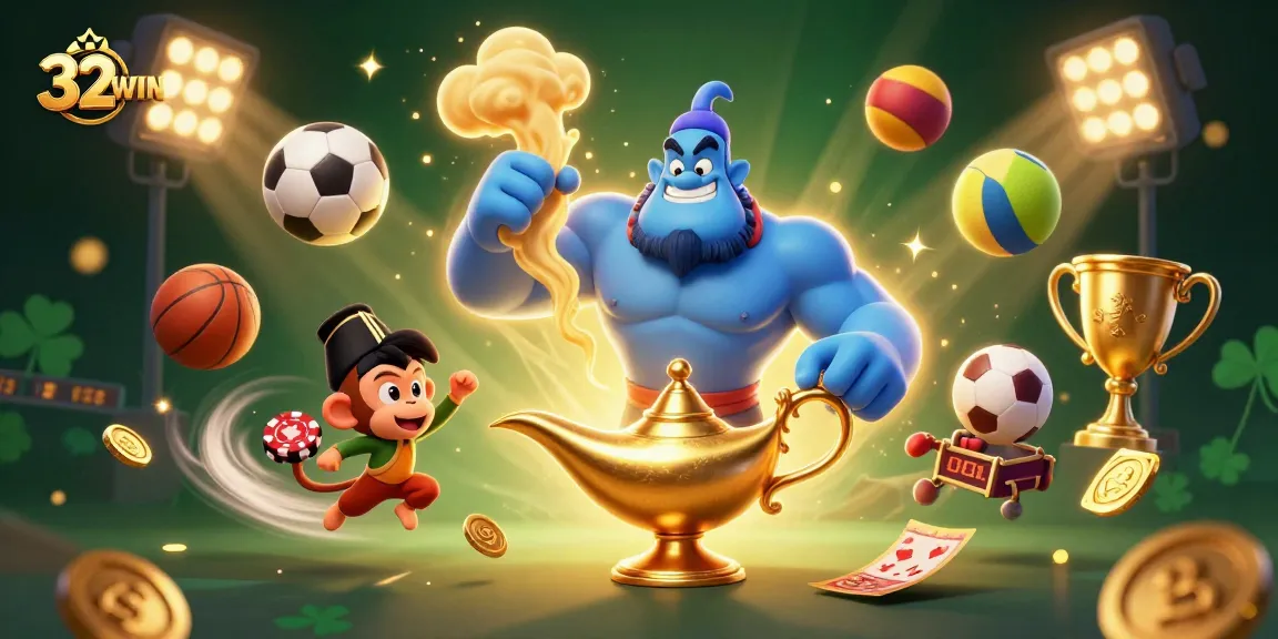 Win big at 32WIN with the magic of gambling, featuring a genie and dynamic sports elements