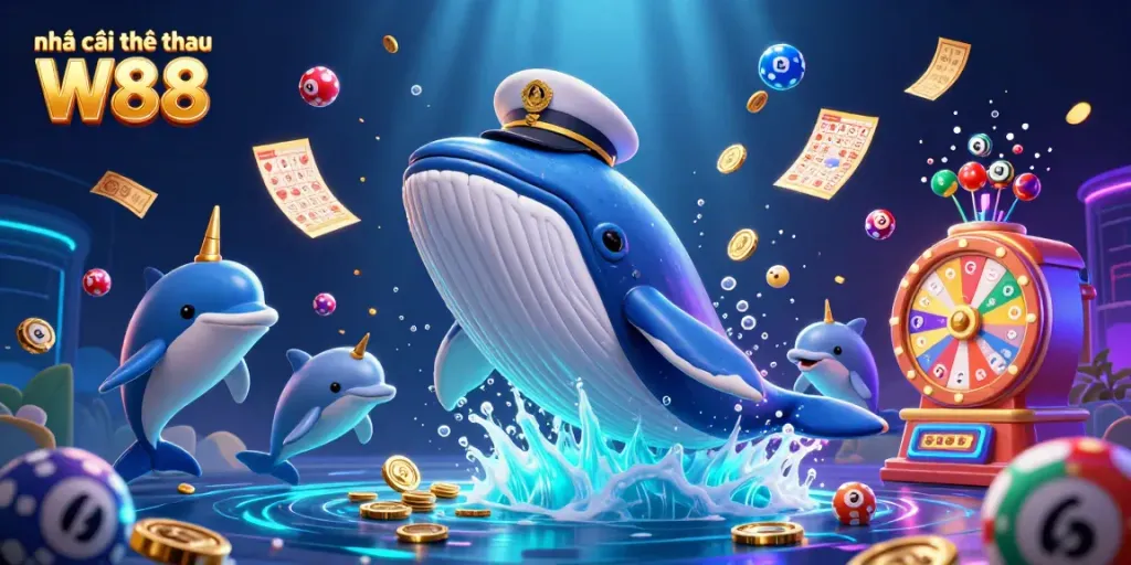 Experience the excitement at Nhà cái thể thao W88 with a cartoon whale, narwhal, and dolphins surrounded by colorful gaming elements.