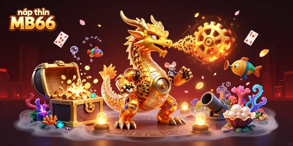 Engage with nạp tiền MB66 through exciting casino action featuring a golden dragon and treasures.