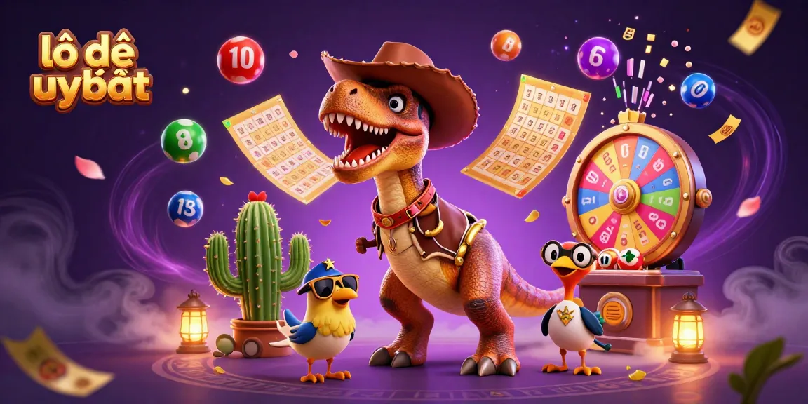 Experience the excitement of lô đề uy tín with dynamic lottery balls and a cowboy dinosaur in a colorful casino-themed scene.