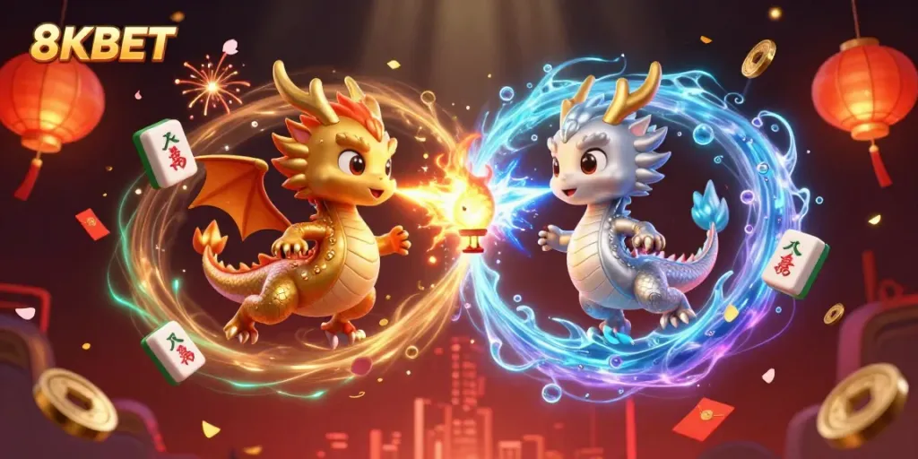 8KBET dragons battling in a vibrant casino-themed illustration with glowing lanterns and confetti.