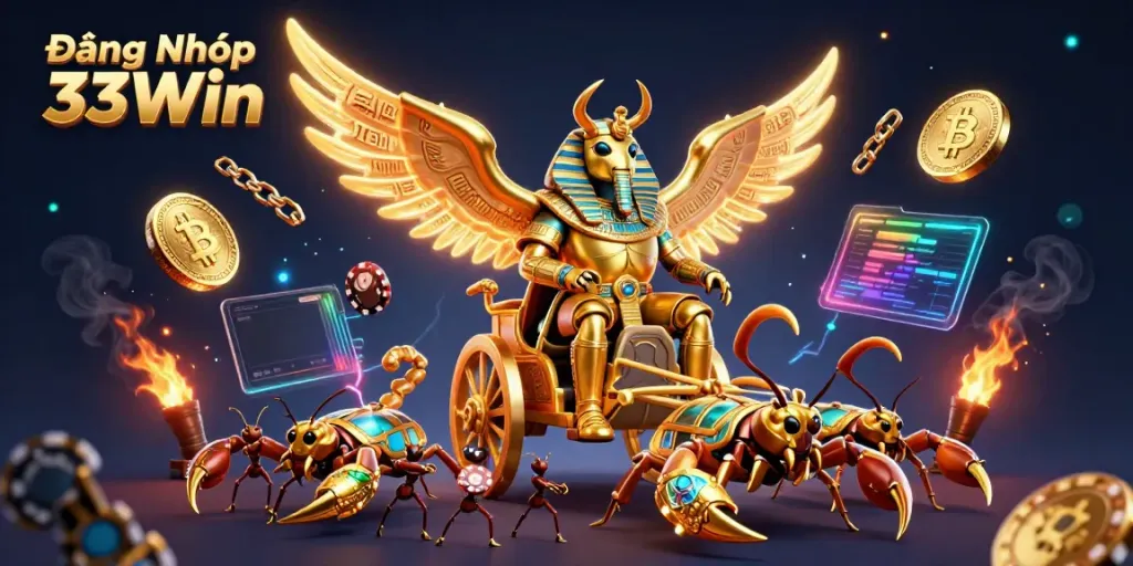 Experience Đăng Nhập 33Win in a vibrant scene showcasing a golden scarab and gem-encrusted scorpions amidst dynamic gambling elements.