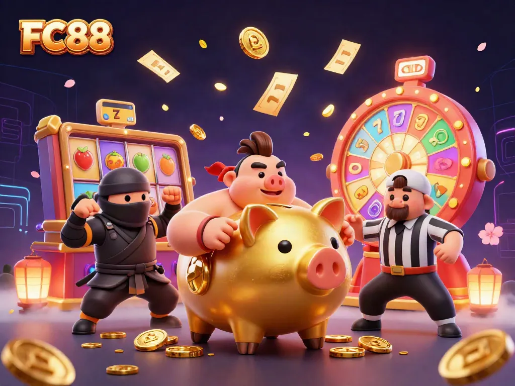 Experience the excitement of FC88's casino games with colorful slots and dynamic characters!