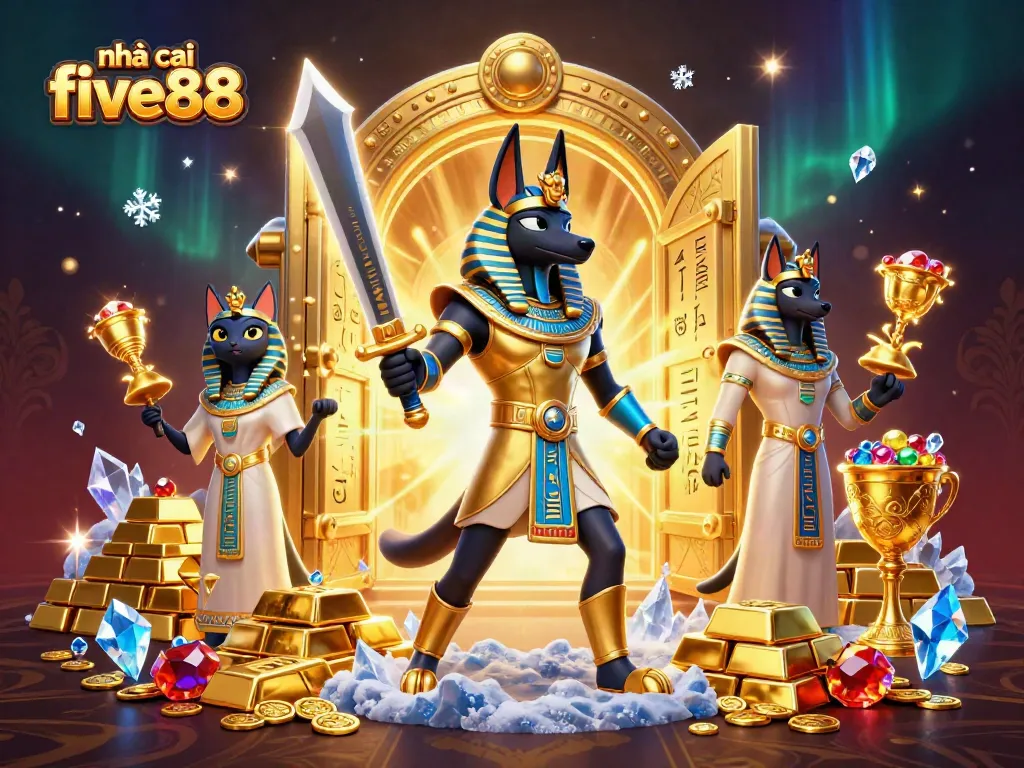 Experience thrilling gameplay at nhà cái five88 with vibrant 3D illustration featuring Anubis and Bastet.