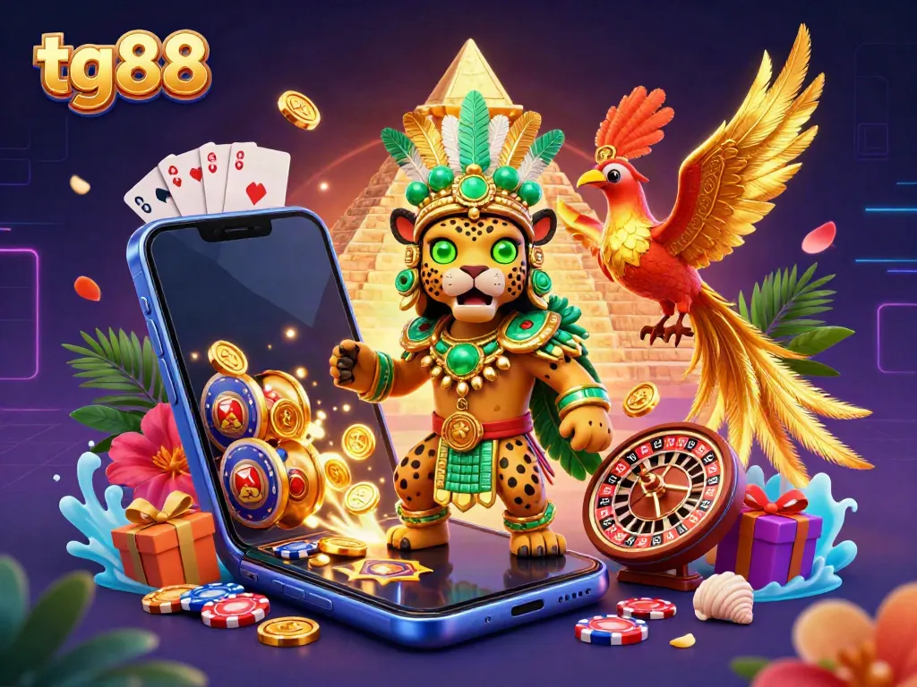 Experience the vibrant world of tg88 with an exciting jungle-themed casino illustration.