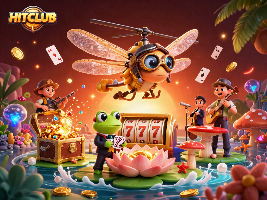 Experience HITCLUB with a dragonfly pilot and frog croupier in an exciting casino scene.