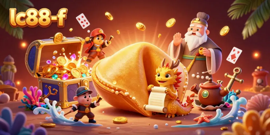 Engage in epic gameplay at lc88-f with a vibrant 3D illustration featuring a fortune cookie, wise dragon, and gold treasures.