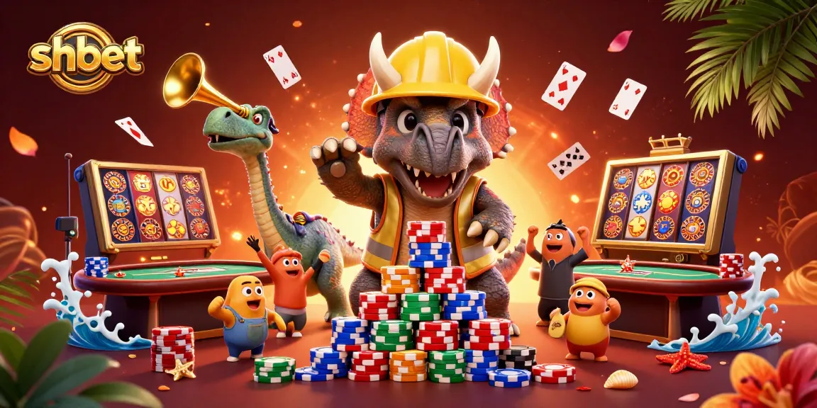 shbet's exciting gaming scene features a triceratops building a poker chip pyramid surrounded by casino elements.