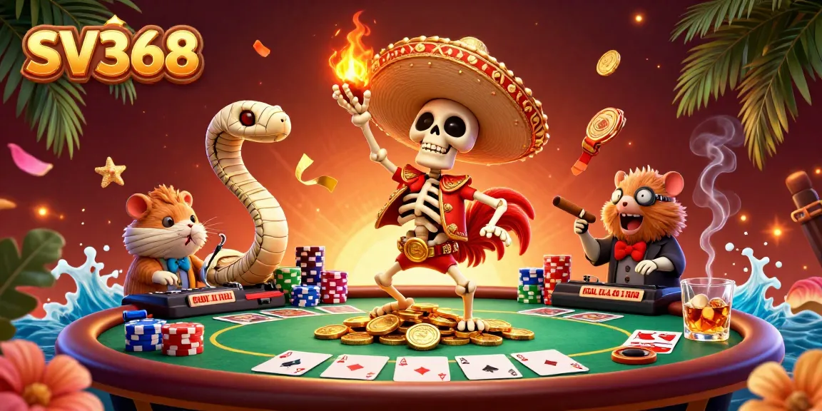 Engage in the SV368 gaming scene with a mariachi rooster celebrating amidst stacks of poker chips.