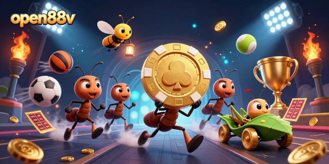 open88v features a 3D cartoon ant heist scene with a golden poker chip and dynamic sports elements.