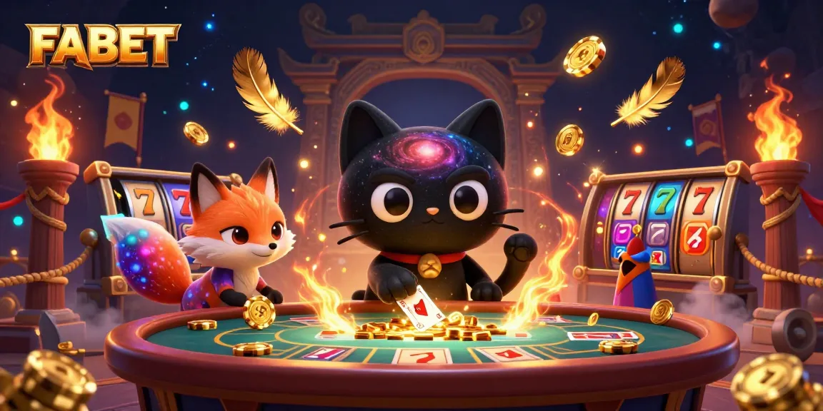 Experience FABET's cosmic charm with a cartoon cat at a vibrant casino table surrounded by thrilling gaming elements.