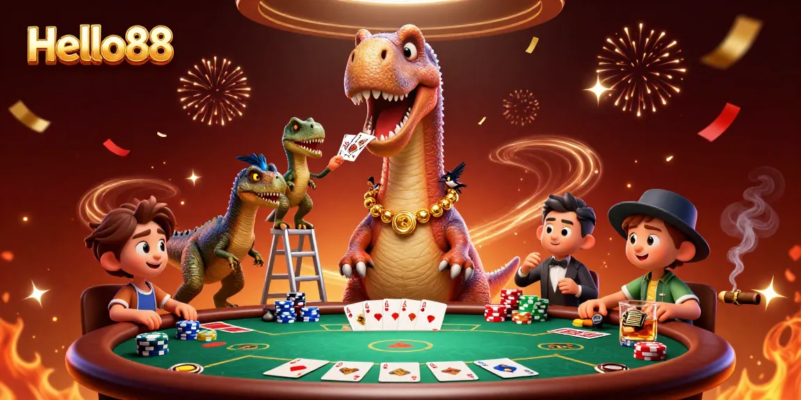 Experience a vibrant Hello88 casino scene with a brontosaurus, clever raptor, and poker dynamic.
