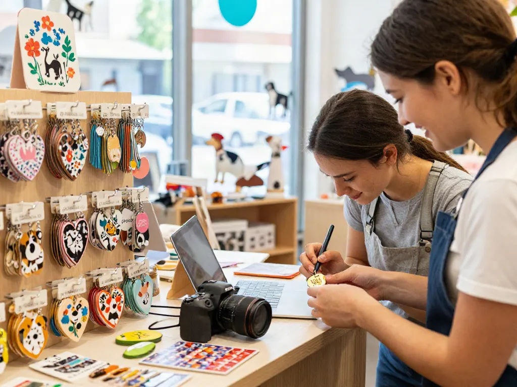 Gepersonaliseerde hondenlabels in een huisdierwinkel, met een medewerker die aan het graveren is.