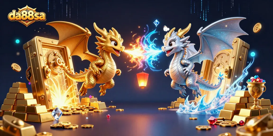 Experience the thrill of da88sa with golden treasures and twin dragons in a vibrant casino scene