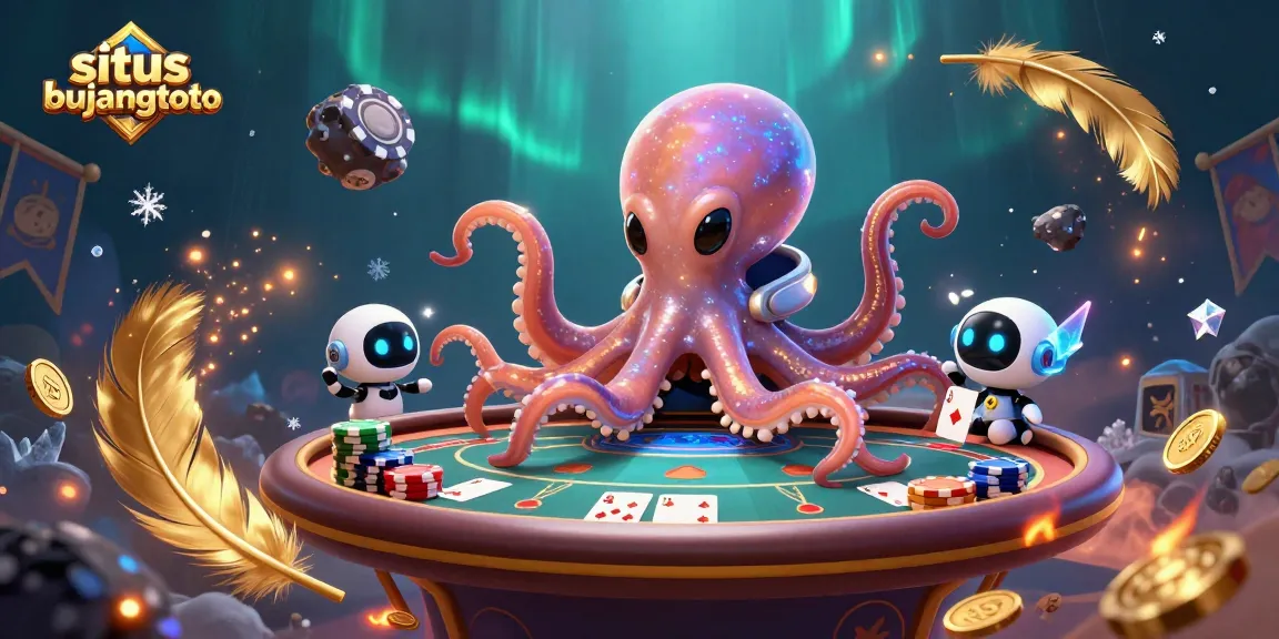 Engage with situs bujangtoto as a vibrant alien octopus deals cards at a cosmic-themed poker table.