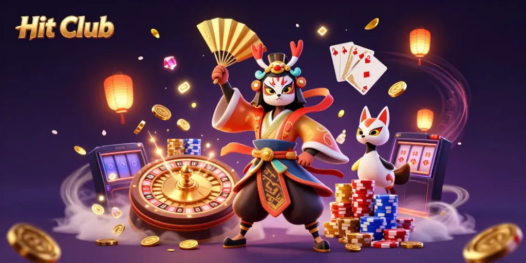 Experience thrilling gameplay at Hit Club with vibrant casino elements in a dynamic 3D illustration.