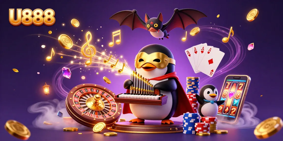 U888 offers exhilarating gaming experiences as a playful penguin enchants with golden musical notes and coins.