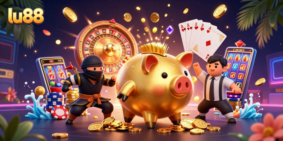 lu88 showcases an engaging 3D scene of a sumo piggy bank, wallet ninja, and card samurai amidst cascading casino elements.