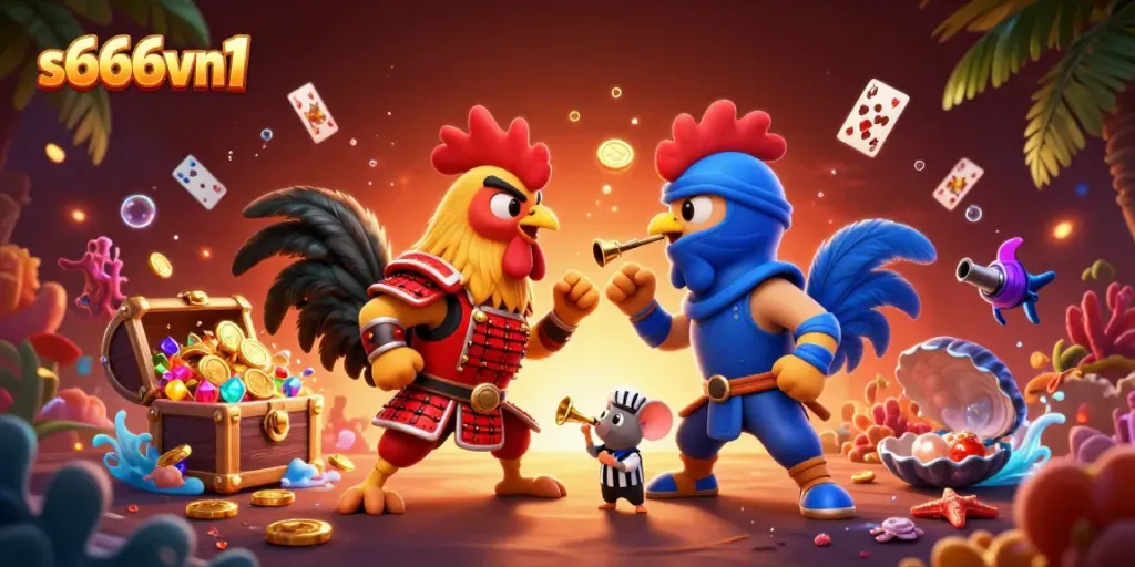 Watch twin fighting roosters in a dramatic standoff at s666vn1, featuring a treasure-filled underwater scene.