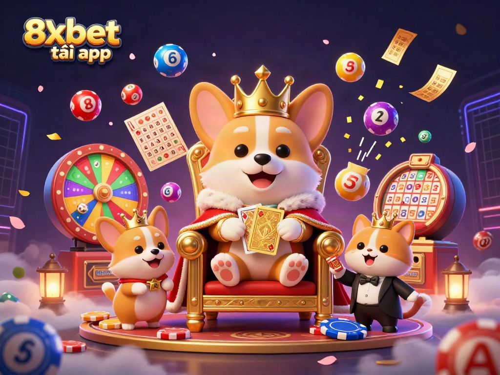 Experience the excitement of 8xbet tải app with a royal corgi and dynamic lottery elements in a vibrant casino scene.