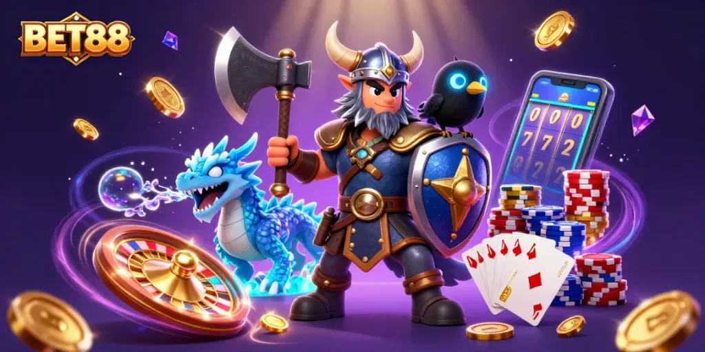 Chơi tại BET88 với một chú sói Viking và rồng, tiền xu vàng bay lơ lửng xung quanh.