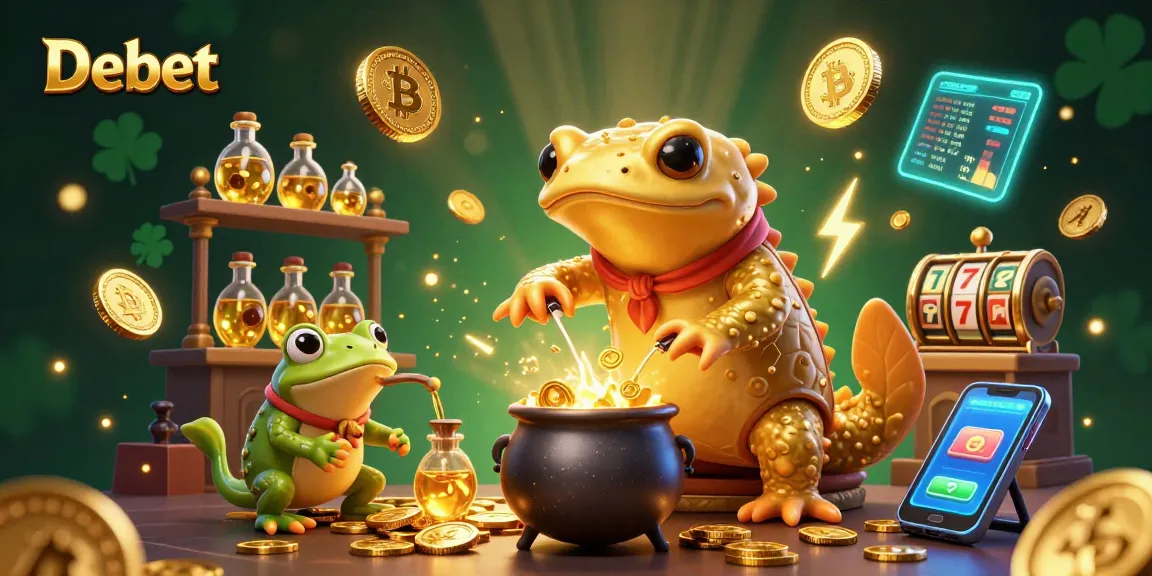 Experience Debet's vibrant casino adventure with an alchemist and gold coins in magical surroundings.
