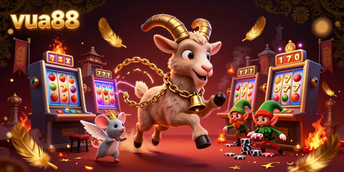 Experience excitement at vua88 with Krampus running a casino scene filled with vibrant slot machines and playful characters.