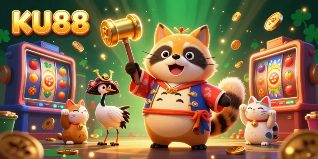 KU88's vibrant slot gaming scene with cheerful characters and jackpot excitement.