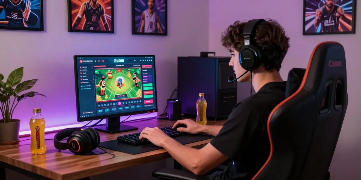 Engaged player utilizing the BL555 online gaming platform on a sleek laptop, surrounded by gaming essentials in a modern home office setting.