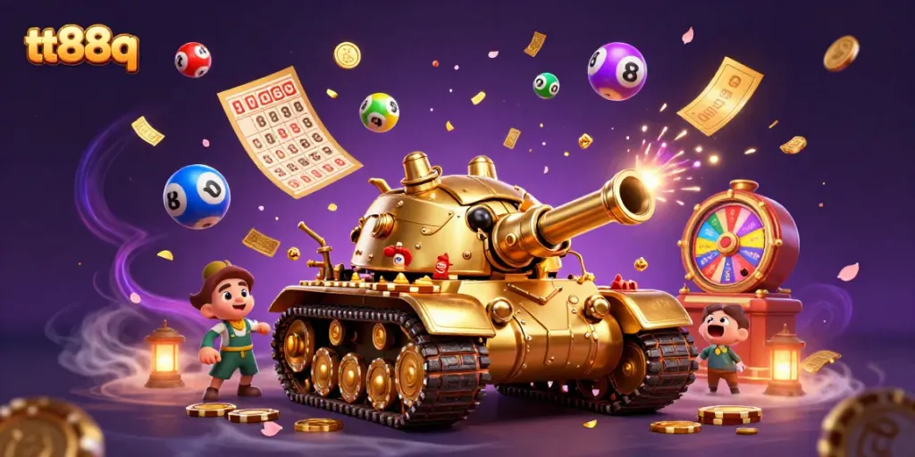 Experience vibrant gaming at tt88q with colorful lottery balls, a unique casino tank, and exciting prize elements.