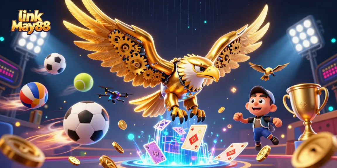 Engage with thrilling bets at link May88 while a cybernetic eagle dives amidst holographic cards.