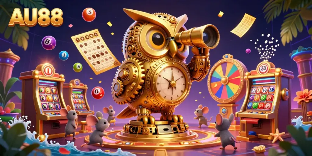 Experience the vibrant world of AU88 with a dynamic golden owl scanning the casino floor full of games.
