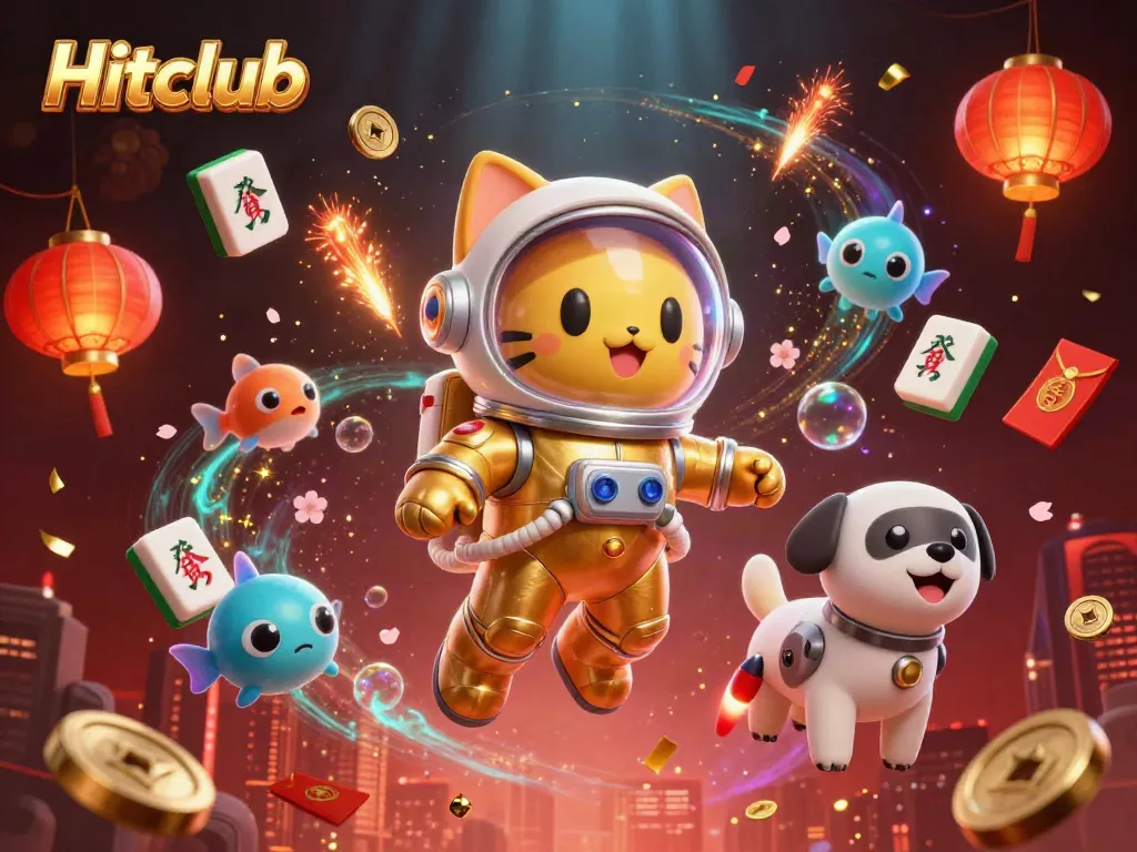 Hitclub space astronaut cat and robot dog explore a vibrant casino galaxy filled with riches and games.