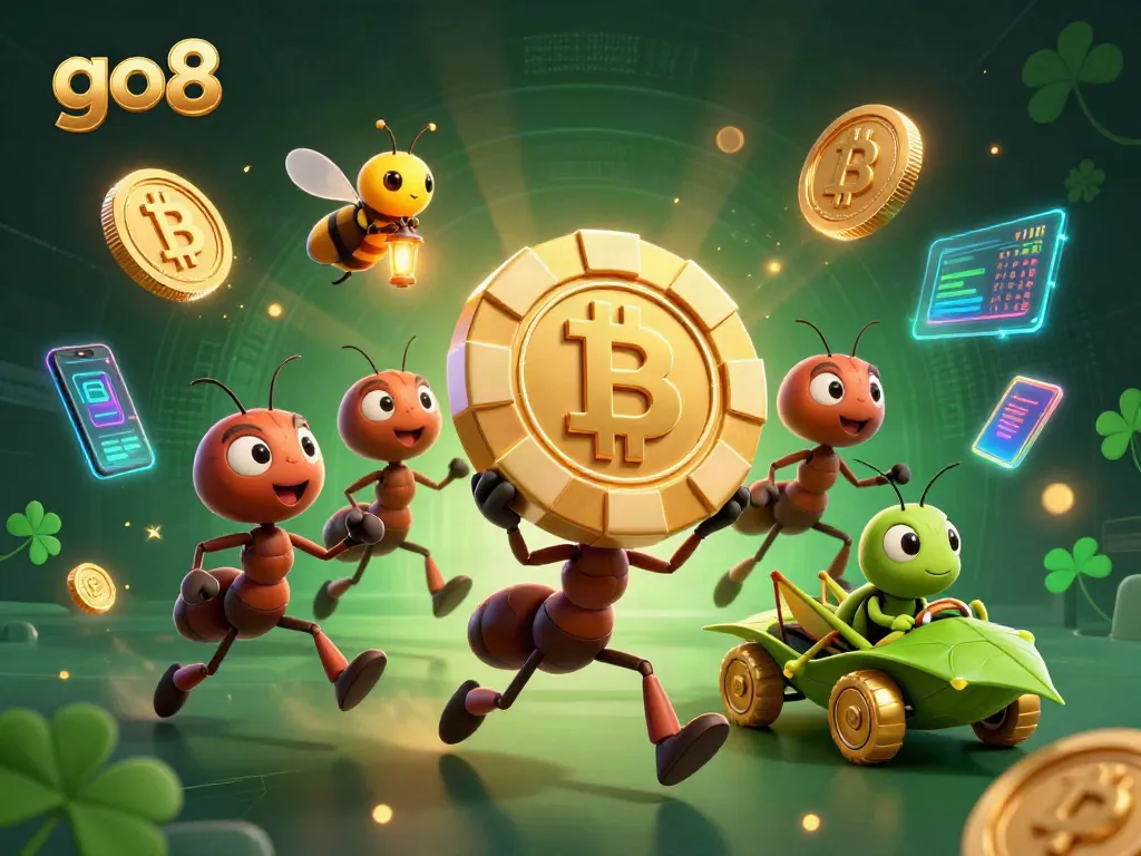 Engage with go8's thrilling casino heist featuring ants and crypto elements in a vibrant setting.