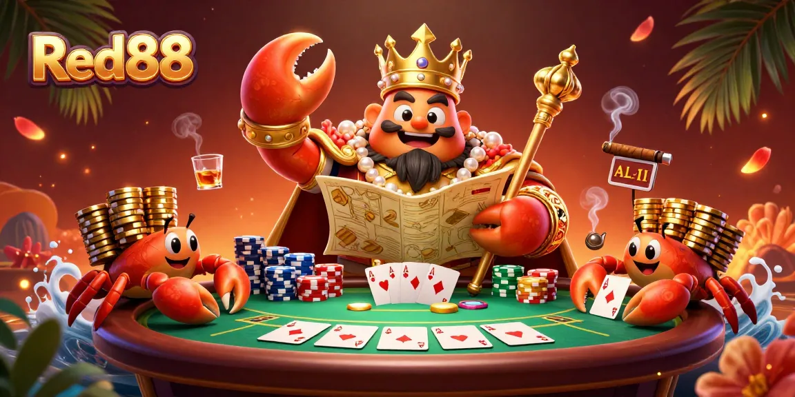 Engage with Red88's stunning 3D scene featuring a golden crab emperor amidst poker elements.