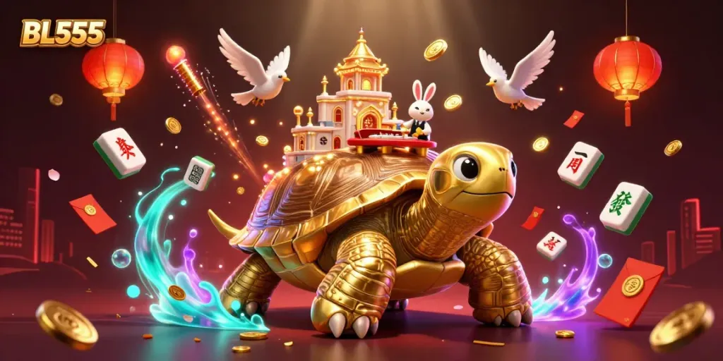 Experience thrilling wins with BL555 and its vibrant golden tortoise casino scene full of 3D game elements.