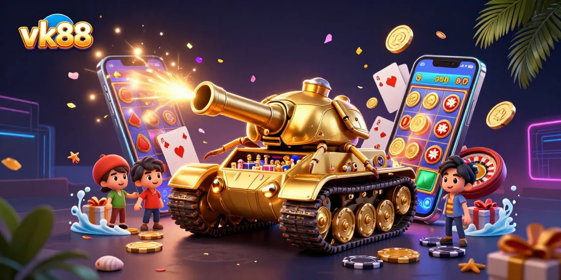 Experience the thrill of vk88 with a massive golden beetle tank casino illustration bursting with vibrant gaming action.