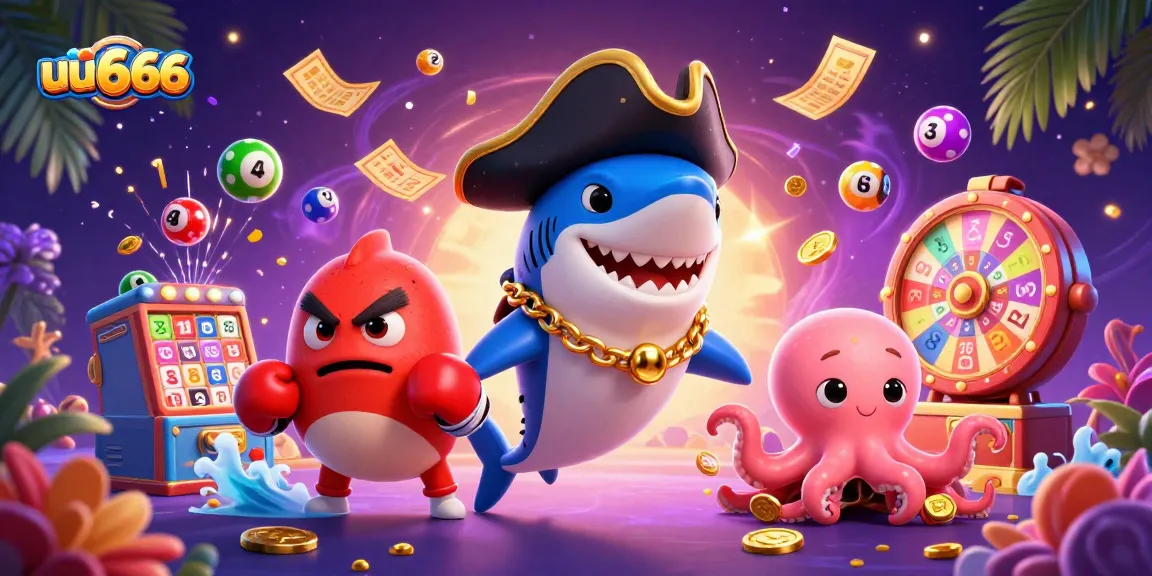 Join the uu666 gaming adventure with a lively pirate shark and friends enjoying lottery excitement.