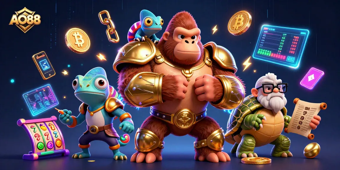 AO88: Engage in thrilling slot action with a powerful gorilla king and colorful casino elements.